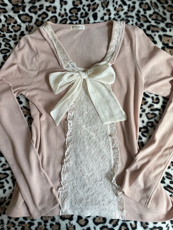 Axes Femme Tops - ♡ Axes Femme Pink Long Sleeve Top with Lace and Bow
